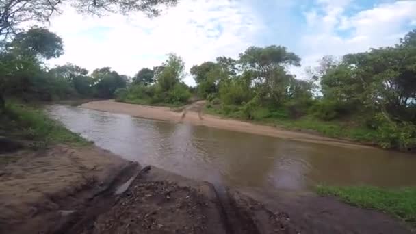 Pov Shot Front Car Drives Dirt Road Flowing River Rains — 图库视频影像