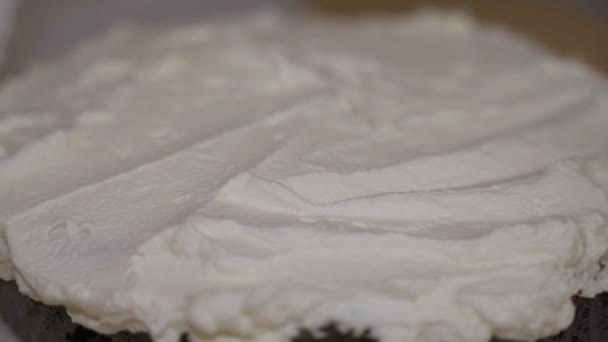 Close Macro View Metal Knife Spreading Sweet White Icing Large — Stockvideo