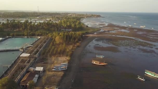Aerial Backward Shot Java Shoreline Boats Low Tide — 图库视频影像