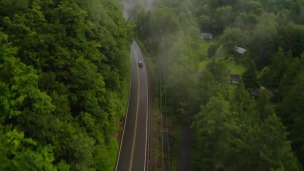 Aerial Drone Overhead Single Car Driving Curvy Mountain Road Green — 图库视频影像