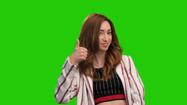Portrait Gorgeous Female Showing Thumbs Gesture Green Screen — Stock video