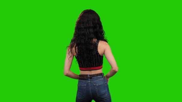 Sad Caucasian Woman Long Curly Hair Turns Green Screen — Αρχείο Βίντεο