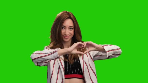 Cute Smiling Girl Pose Green Screen Showing Heart Thumb Gestures — Wideo stockowe