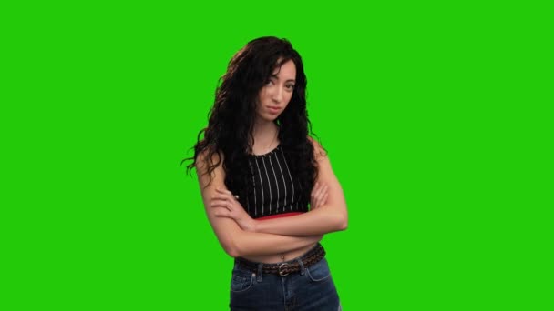Beautiful Caucasian Girl Long Curly Dark Hair Posing Green Screen — Vídeo de stock