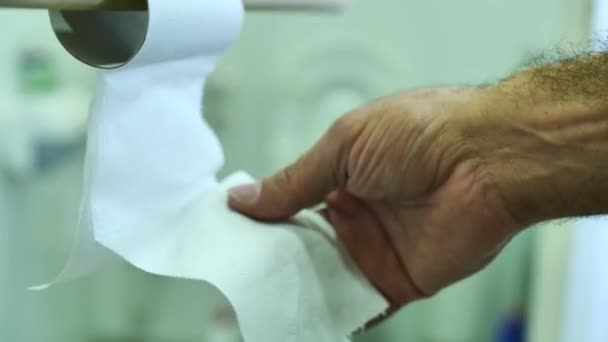 Man Shows Toilet Paper Running Out Close Hand Roll — Αρχείο Βίντεο