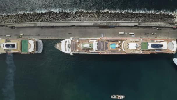 Top Cinematic Pan Left Aerial View Cruise Ships Docked Port — Stock videók