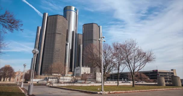 Low Angle View Time Lapse Cloudy Sky Building Downtown Detroit — Stockvideo