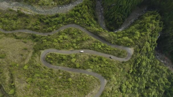 Aerial Top View Two Cars Road Trip Azores Portugal — Wideo stockowe