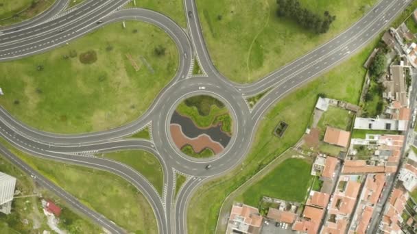 Drone Footage Ponta Delgada Roundabout Joining Regional Ribeira Grande Roads — стокове відео