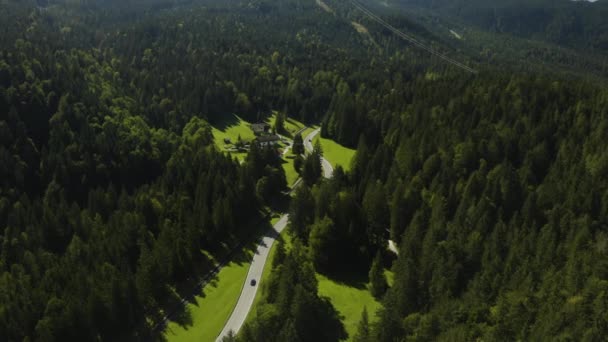 Aerial Tracking Shot Sports Car Deep German Woodland — 图库视频影像