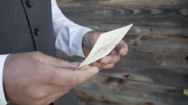 Groom Opening Reading Card Bride Closeup — Video Stock