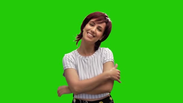 Cheerful Short Haired Brunette Woman Crossing Hands Posing Green Screen — Vídeo de stock