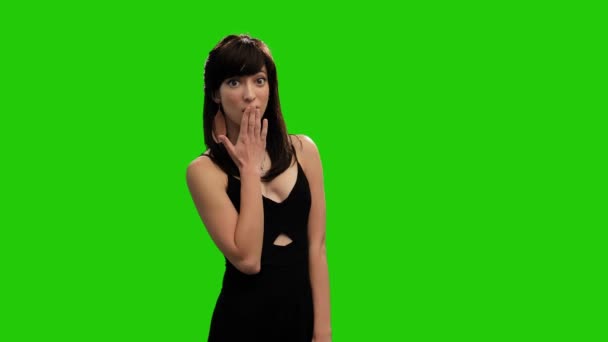 Cute Caucasian Girl Black Dress Surprised Green Screen — Stock video