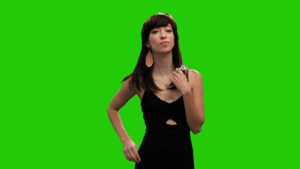Portrait Gorgeous Caucasian Lady Elegant Black Dress Blowing Kisses Green — Wideo stockowe