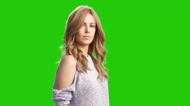 Portrait Adorable Sexy Woman Adjusting Long Blonde Hair Green Screen — Stok Video