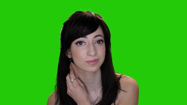 Pretty Brunette Woman Seductively Winks Walks Away Green Screen — Stock Video