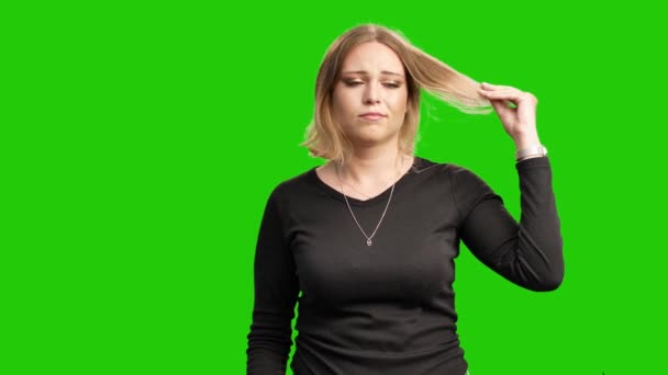 Upset Blonde Woman Looks Her Damaged Hair Splitting Ends Green — Wideo stockowe