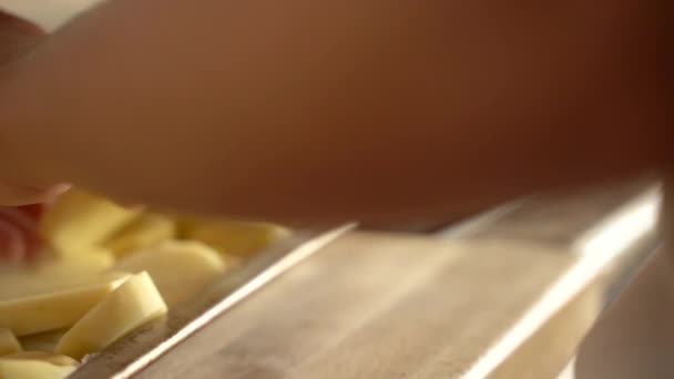 Woman Hands Season Potatoes Olive Oil Close Slow — Stockvideo