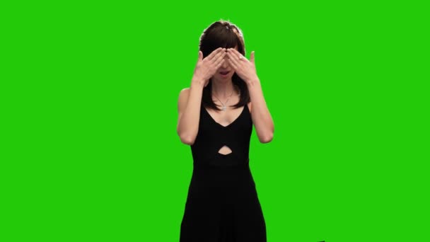 Portrait Adorable Slim Woman Surprised Green Screen — Stockvideo
