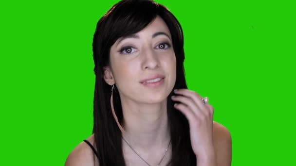 Pretty Petite Girl Adjusts Hair Turns Walks Away Green Screen — Stock videók