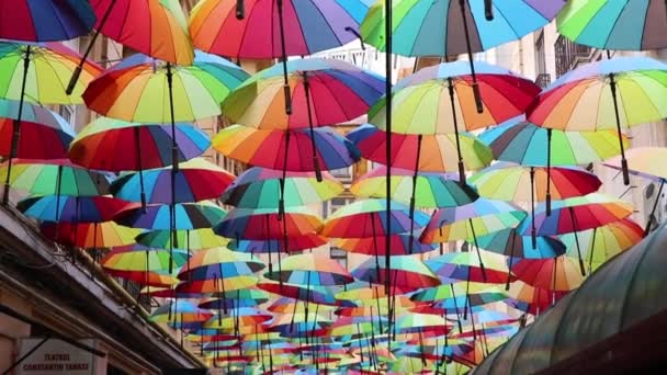 Beautiful Multicolored Rainbow Umbrellas Hanging Canopy — стоковое видео