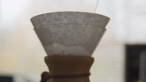 Isolated Close View Kettle Pouring Hot Water Large Glass Chemex — Video Stock