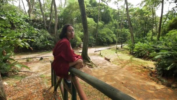 Girl Sitting Wood Bridge Orange Leaves Background — Stockvideo