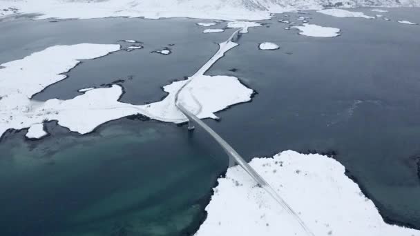 Drone Footage Car Crossing Bridge Lofoten Islands Norway — Stockvideo