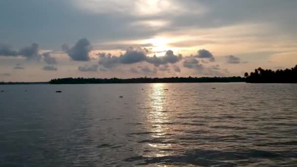 Beautiful Aerial Shot Backwater Vembanadu Lake Sunset Coconut Trees Water — Video Stock