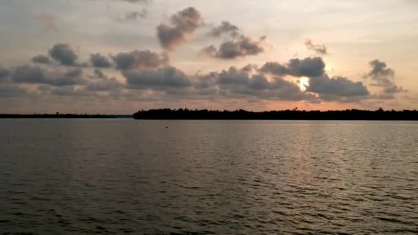 Чудовий Повітряний Постріл Озеро Вембанаду Захід Сонця Кокосові Дерева Водні — стокове відео