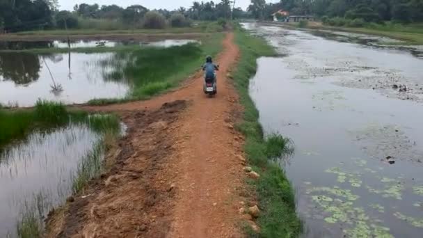 Motorbike Rider Riding Vintage Bike Indian Road Road Water Field — Video Stock