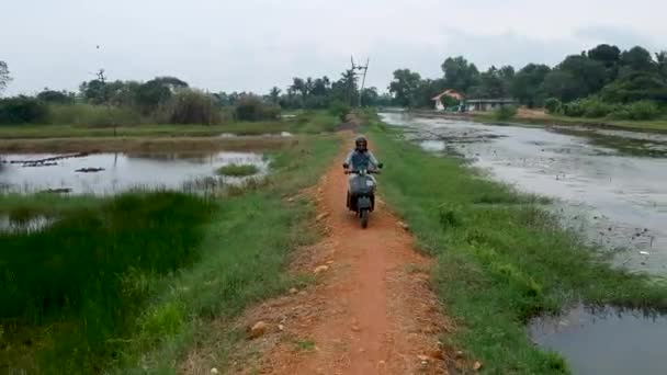 Motorbike Rider Riding Vintage Bike Indian Road Road Water Field — Vídeos de Stock