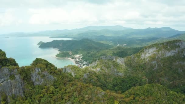 Aerial Coastal Mountains Distant City Nido Palawan Philippines — Vídeo de Stock