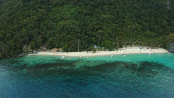 Aerial Seascape Beach Forest Boats Nido Palawan Philippines — Stock videók