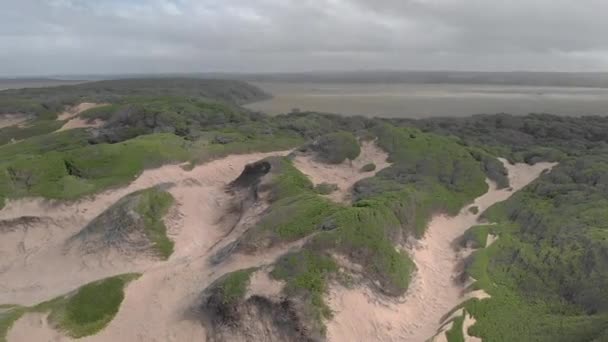 Aerial Pan Grassy Sand Dunes Open Ocean Mozambique — Stock video