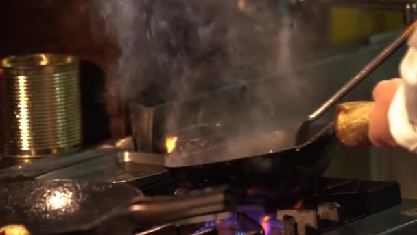 Japanese Chef Cooks Food Slow Motion Fire Stove Rural Japanese — Vídeos de Stock