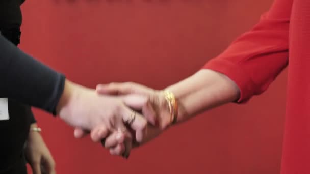 Elegant Women Greeting Perfect Handshake Red Background — стоковое видео