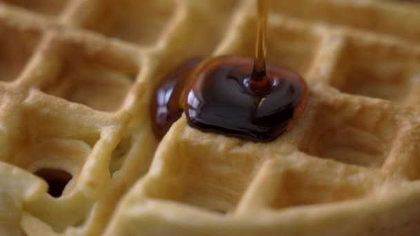 Rotating Close Macro View Crisp Golden Waffles Being Drizzled Sweet — Αρχείο Βίντεο