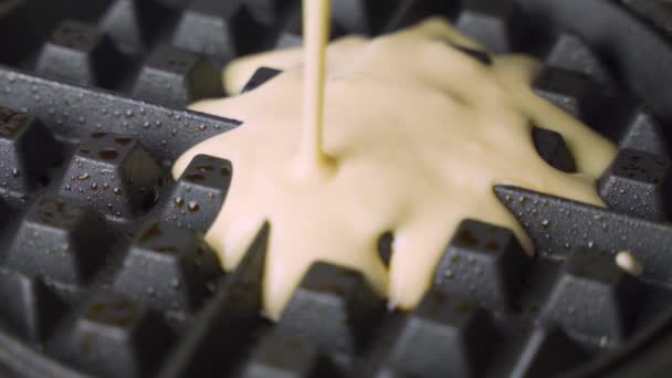 Close Macro View Freshly Prepared Waffle Batter Filling Hot Waffle — Video Stock