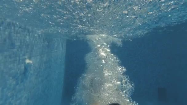 Underwater Beautiful Young Woman Dives Swims Camera Slow Motion — Stok Video