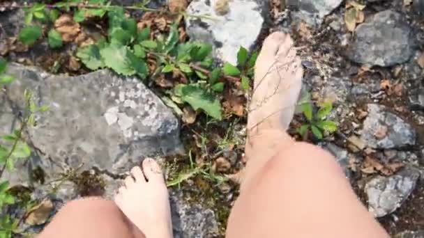 Pov View Woman Barefoot Walking River Holidays — Wideo stockowe
