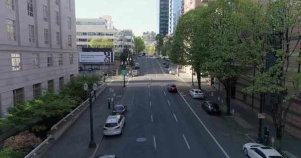 Historic Aerial Footage Empty Streets Downtown Portland Oregon Due Covid — 图库视频影像