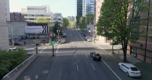 Historic Aerial Footage Empty Streets Downtown Portland Oregon Due Covid — 图库视频影像