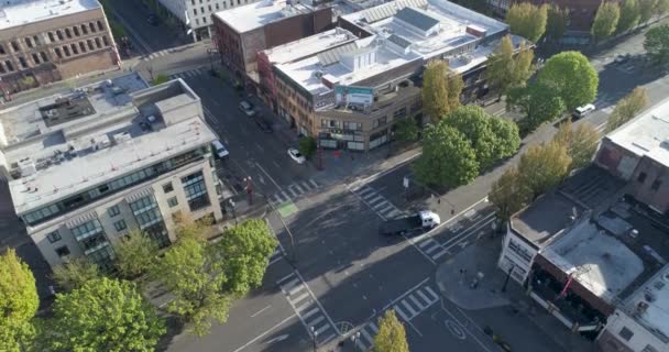 Historic Aerial Footage Empty Streets Downtown Portland Oregon Due Covid — Vídeo de stock