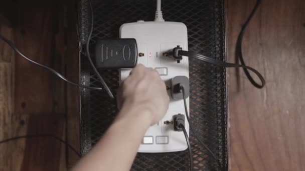 Switching Power Strip Many Plugs Overhead View — Stok Video