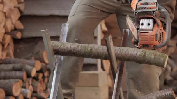 Sawyer Man Chainsawing Wood Log Chainsaw Slow Motion — Vídeo de stock