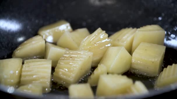 Stir Fry Cubes Potatoes Oil Hot Black Non Stick Pan — Video Stock