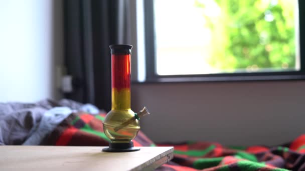 Red Yellow Bong Standing Next Bed Drug Addiction Habit Routine — Video Stock