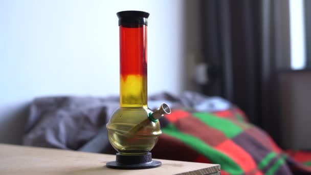 Red Yellow Bong Standing Next Bed Drug Addiction Habit Routine — Wideo stockowe