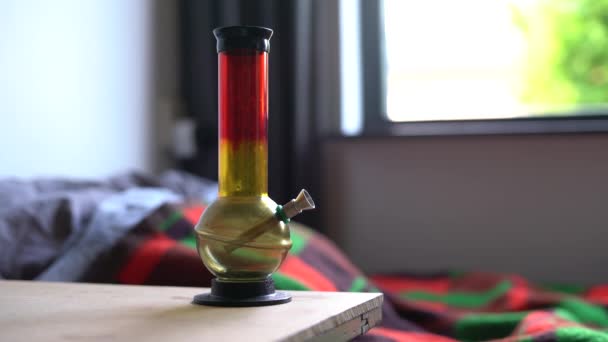 Red Yellow Bong Standing Next Bed Drug Addiction Habit Routine — Stok Video
